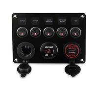 QASULER Herorider Doppia Presa USB Caricabatterie Voltmetro 12V di Corrente 5 Gang ON OFF Pannello Interruttore a Levetta, for Auto Barca Marina RV Camion Pannello interruttori marini(Rot)