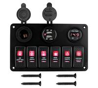 QASULER Pannello interruttori a bilanciere a 6 bande con voltmetro digitale DC 12V 24V, doppie porte USB, for interruttore automatico marino for auto, luci ON OFF impermeabili Interruttore marino(Rot)