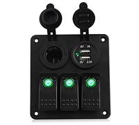 QASULER Pannello interruttori a bilanciere for auto e moto a 3 bande, doppia presa di carica, impermeabile, for pannello interruttori marini for barche, auto, 12 V, 24 V Interruttore marino(Green)