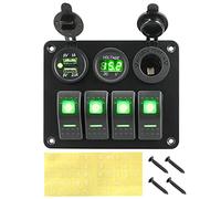 QASULER Pannello interruttori a bilanciere in alluminio, voltmetro digitale, interruttore automatico, doppia porta USB, 4 bande, for auto, camper, roulotte, navi Interruttore marino(Green)