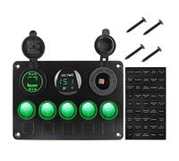 QASULER Pannello interruttori for auto Doppia porta USB Impermeabile 5 luci Interruttore a levetta Rocker 12V Presa voltmetro digitale, for camper marino Auto camion nave Interruttore marino(Green)