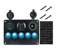 QASULER Pannello interruttori for auto Doppia porta USB Impermeabile 5 luci Interruttore a levetta Rocker 12V Presa voltmetro digitale, for camper marino Auto camion nave Interruttore marino(Blue)