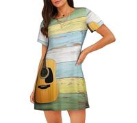 QAZWZML Bella camicia da notte da donna con motivo chitarra, stile linea adatta per casa e viaggi, Nero , 3XL