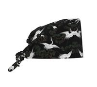 QAZWZML Berretto da lavoro con stampa gru e pino giapponese, con cinturino posteriore regolabile e fascia per il sudore, adatto sia per uomini che per donne. Nero