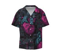 QAZWZML Camicia da uomo a maniche corte con motivo a cuore meccanico, stile casual, con bottoni, per spiaggia, vacanze, estate, viaggi, Nero , M/5XL