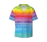 QAZWZML Camicia da uomo a righe colorate arcobaleno - casual button-down spiaggia vacanza estate viaggio manica corta, Nero , S/5XL