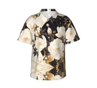 QAZWZML Camicia hawaiana da uomo con stampa a maniche corte con bottoni | Camicia hawaiana con stampa floreale con foglie nere, morbida e traspirante, per vacanze tropicali, crociera, festa hawaiana