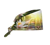 QAZWZML Cuffia da lavoro con stampa di fiori di loto con fascia posteriore regolabile e fascia tergisudore, adatta sia per uomini che per donne. Nero