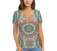 QAZWZML Maglietta a maniche corte comoda e comoda per la corsa e il fitness | T-shirt a maniche corte con stampa floreale vintage mandala, ampia e comoda, per corsa e fitness