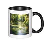 QAZWZML Ninfee nello stagno Tazza in ceramica nera con manico curvo, adatta per ufficio e uso domestico.