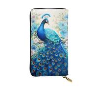 QAZWZML Pochette lunga in pelle stampata con pavone blu orientale con scomparto per contanti, tasca con cerniera e scomparto per carte di credito