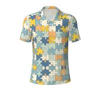 QAZWZML Polo da uomo, con bottoni, traspirante, estiva | Le polo leggere stampate con puzzle blu e giallo sono perfette per look casual, business o vacanza.