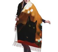 QAZWZML Sciarpa lunga natalizia con stampa di gatto nero, scialle con frange, adatta per l'uso quotidiano o attività all'aperto in primavera, autunno e inverno.