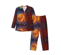 QAZWZML Set pigiama da uomo a maniche lunghe con colletto stampato con fiamme e gocce d'acqua da basket adatto per viaggi e viaggi di lavoro, Nero , L
