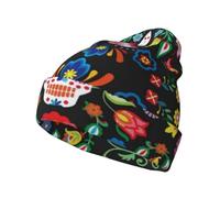 QAZWZML Sugar Horror Skull and Flowers Printed Adult Knit Hat Winter Knit Hat Adatto da indossare nelle stagioni fredde caldo e confortevole nero