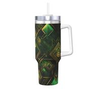 QAZWZML Tazza istantanea a doppia parete con stampa a quadri neri e verdi, con coperchio e cannuccia, adatta per frappè d'acqua e frullati