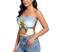 QAZWZML Top senza spalline da donna - Camicetta morbida senza cuciture ad | Beach Two Pineapples Sea - Camicetta da donna senza spalline, traspirante a doppio strato in spandex