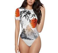 QAZWZML Tutina a maniche corte in bambù giapponese, con stampa solare, da donna, può essere indossata da sola o come strato interno., Nero , S