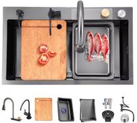 QBGJDOGE Lavello da cucina multifunzionale Cascade Sink con rubinetto e lavabicchieri, montaggio superiore/inferiore, colore A, dimensioni resistenti e facili da pulire.(80x45x22cm)