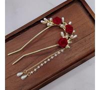 qbodp 2 Pezzi Bastoncini Per Capelli A Forma Di U Per Panini, Fiore Rosso Perla Nappa Decorativa Bacchette Per Capelli Forcine Per Capelli Da Sposa Accessori Per Capelli Per Capelli Spessi