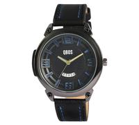 Qbos Orologio da uomo nero blu analogico data pelle imitazione quarzo, Nero , cinghia