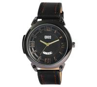 Qbos Orologio da uomo nero marrone analogico data pelle imitazione quarzo, Nero , cinghia