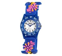Qbos - Orologio per bambini con motivo floreale, colore: bianco, blu, analogico, in silicone, al quarzo, per ragazze e ragazzi, Blu, cinghia