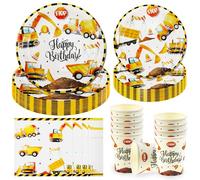 Qcdou Escavatori Set di Stoviglie, 50 Pezzi Stoviglie per Feste in Cantiere Decorazione di Compleanno, Piatti di Carta Escavatore Bicchieri Tovaglioli, Decorazione di Compleanno per Bambini (F)