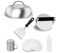 Qcdou Smash Hamburger Press, kit di 6 accessori per piastra con parte superiore piatta, con pressa per hamburger, pinna per hamburger, cupola di fusione del formaggio da 22,8 cm, 200 dischi di cera