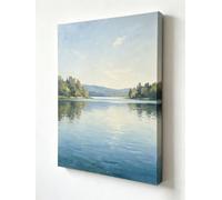Qcdxfgdfh Quadro da parete con paesaggio tranquillo di fiume e foresta, riflessi delicati, vista lago in tonalità blu e verde tenue, decorazione semplice su tela (70x100 cm/senza cornice)