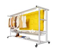 Qcesorib Appendiabiti da Terra in Metallo con Ripiani, Stand Appendiabiti Doppio con Gancio, Attaccapanni con Ruote, Portata Fino a 300 kg, Guardaroba in Metallo, per Corridoio Ingresso