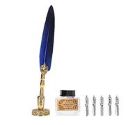 Qcwwy Penna Calligrafia, Set di Pennelli in Acciaio Inossidabile Vintage, Design Elegante con Bottiglie di Inchiostro e 5 Pennini per gli Autori di Casa e per gli Scrittori Scolastici (BLUE)