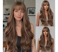 QD-Tizer Parrucca lunga castana con frangia, 66 cm, parrucca ondulata riccia da donna, capelli castani misti biondi, castano ramato, onda del corpo, pronta all'uso, senza colla, parrucca sintetica da