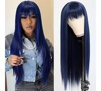 QD-Tizer Parrucche sintetiche blu scuro con frangia piena blu lunga parrucca da donna liscia resistente al calore sintetico senza pizzo parrucche per donne alla moda 61 cm