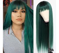 QD-Tizer Parrucche sintetiche lunghe e dritte per capelli verdi scuri con frangia colore verde scuro radici colorate parrucche di ricambio per capelli cosplay parrucca per feste
