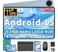 QDDQ Tablet Android 15, tablet da 11 pollici con tastiera, 24 GB + 128 GB, espansione 1 TB, Octa-Core, WiFi 2.4G/5G, 8000mAh, BT V5.0, certificato GMS, touch screen IPS, GPS, 2 in 1 con custodia