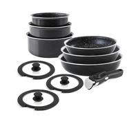 QDESIGN 11 pentole+padelle+coperchi+maniglie rimovibili | alluminio antiaderente senza PFOA - tutti i piani cottura tra cui induzione, compatibile con lavatrice e frigo - blu, impilabili