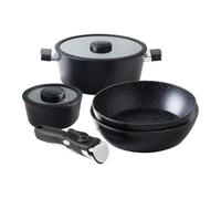 QDESIGN 7 pezzi - pentole + padella + wok + coperchi + manico rimovibile | alluminio antiaderente tutti i fuochi, inclusa induzione, compatibile con forno lavatrice frigo, nero