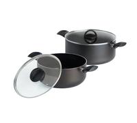 QDESIGN BLACK+ - Set di 2 padelle in alluminio ultra antiaderenti, senza PFOA, 2 coperchi in vetro, tutti i piani cottura, anche induzione, adatti per forno, lavatrice e frigorifero, diametro 24/28 cm