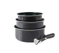 QDESIGN Diamond, set di 3 padelle in alluminio rinforzato con diamanti antiaderenti, manico rimovibile, per tutte le fornelli, tra cui induzione, adatto per lavatrice/frigo, nero diamante, impilabili