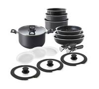 QDESIGN Pentole da cucina, 16 pezzi, pentole + padelle + pentola + coperchi ermetici + manici rimovibili, in alluminio antiaderente per tutte le fornelli, induzione, compatibile con lavavite, colore