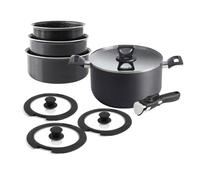 QDESIGN Pentole da cucina 9 pezzi + pentola + coperchi + manico rimovibile | alluminio antiaderente tutti i fuochi, inclusa induzione, compatibile con lavavetri e frigo, nero - impilabili