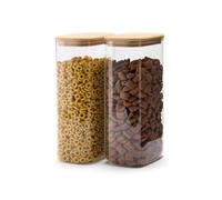 Qdesign QULINART - Set di 2 bicchieri in vetro borosilicato da 3 l, con coperchio in bambù ermetico, riutilizzabili, per la cucina, conservare gli alimenti (pasta, cereali, grani), trasparente/legno