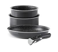 QDESIGN Set di 2 pentole e padelle in alluminio antiaderente, senza PFOA, con manico rimovibile, tutti i piani cottura, anche a induzione, adatti per lavatrici e frigorifero, nero, impilabili 16/20/24