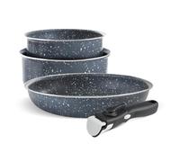 QDESIGN Set di 2 pentole e padelle in alluminio antiaderente, senza PFOA, con manico rimovibile, tutti i piani cottura, anche a induzione, adatti per lavatrice e frigorifero, grigio marmo, impilabili