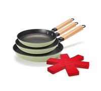 Qdesign Set di 3 padelle ultraleggere in ghisa con struttura a nido d'ape, manico in legno + 3 protezioni per padelle, rivestimento antiaderente extra antigraffio senza PFOA - tutti i piani cottura