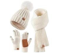QDLTGBD Set Cappello Sciarpa Guanti Invernali Autumn E Winter Women's Caloroso A Maglia, Sciarpa, Guanti, di 3 Pezzi Touchscreen-Abito Bianco
