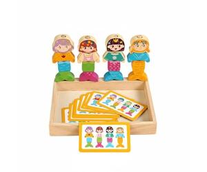 Qectial Giocattolo Educativo in Legno Gioco di Impilamento Aste Verticali Puzzle Ordinamento Carte Guida Riconosci Espressioni Narrazione Mermaid Adatto a, Scatola Sirena