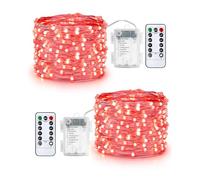 Qedertek 2 Pezzi Luci Led a Batteria 10M 100 LED, Luci Natale Esterno Impermeabile, Lucine Led Decorative, Luci Natalizie con Telecomando, Funzione di Timer, Dimmerabile (Rosso)
