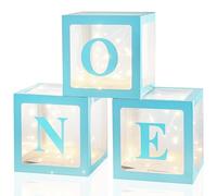 Qeeenar 3 decorazioni per scatola di palloncini per il primo compleanno, con lettere, forniture per feste con 3 luci a LED, senza palloncini (blu)